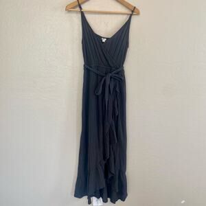 Aerie Ruffle Wrap Midi Dress Womens Size Small 100% Cotton Gauze Charcoal Gray